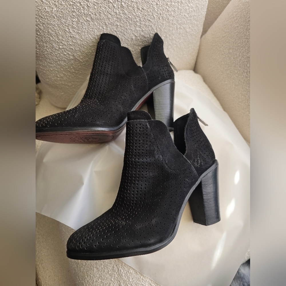 Vince Camuto Perforated Suede Stacked Heel Booties - Farrier - Black, Size 7.5
